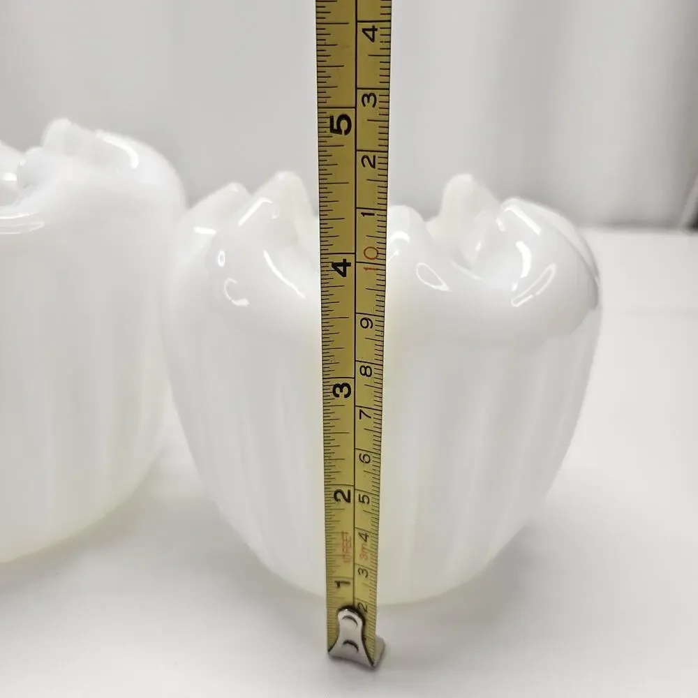 Vintage MCM Pinched Ruffled Rim White Milk Glass Ribbed Vase Planter Pot Set